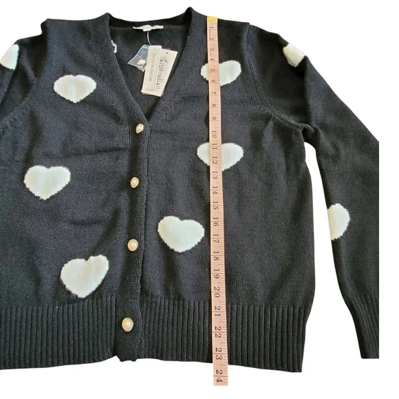 Nanette Lepore Heart Print Cardigan Black White Pearl Button XL Romantic Chic - Picture 15 of 17